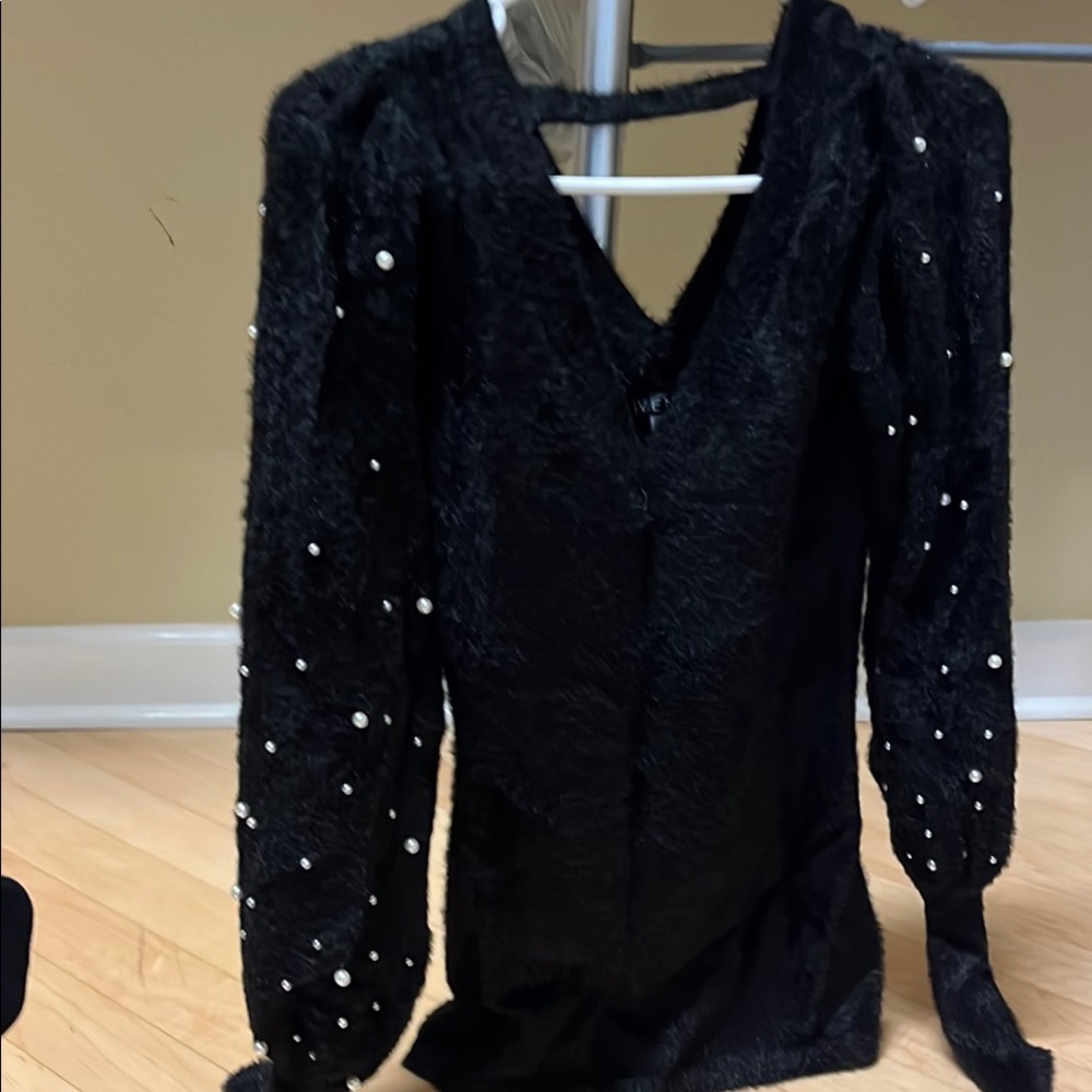 Elegant Black Long Sleeve Top with Pearl Accents